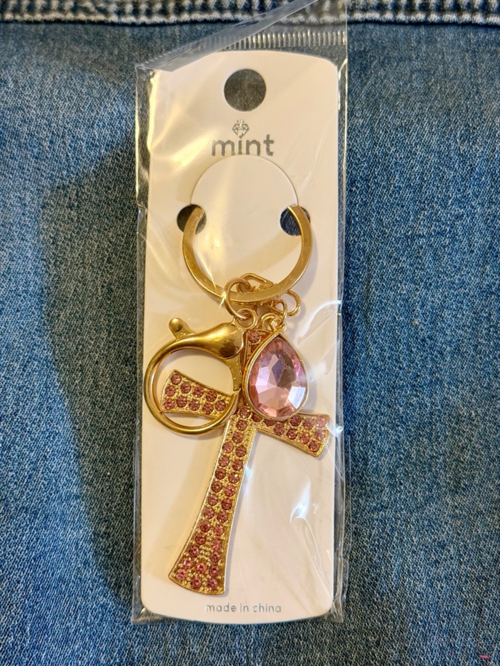 Mint Gold Cross Keychain with Pink Crystal